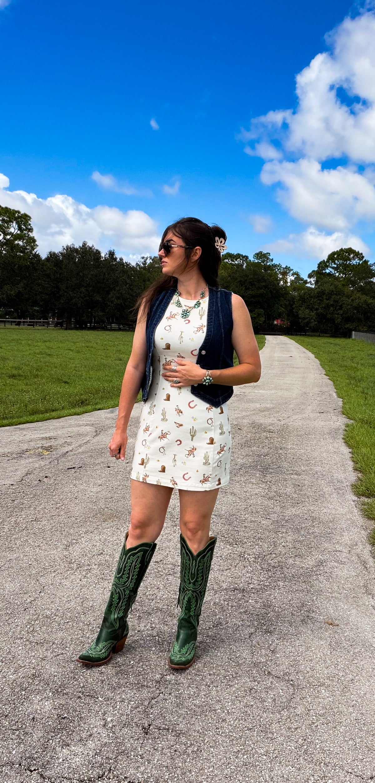 THE GRACIE WESTERN PRINT SLEEVELESS DENIM MINI DRESS